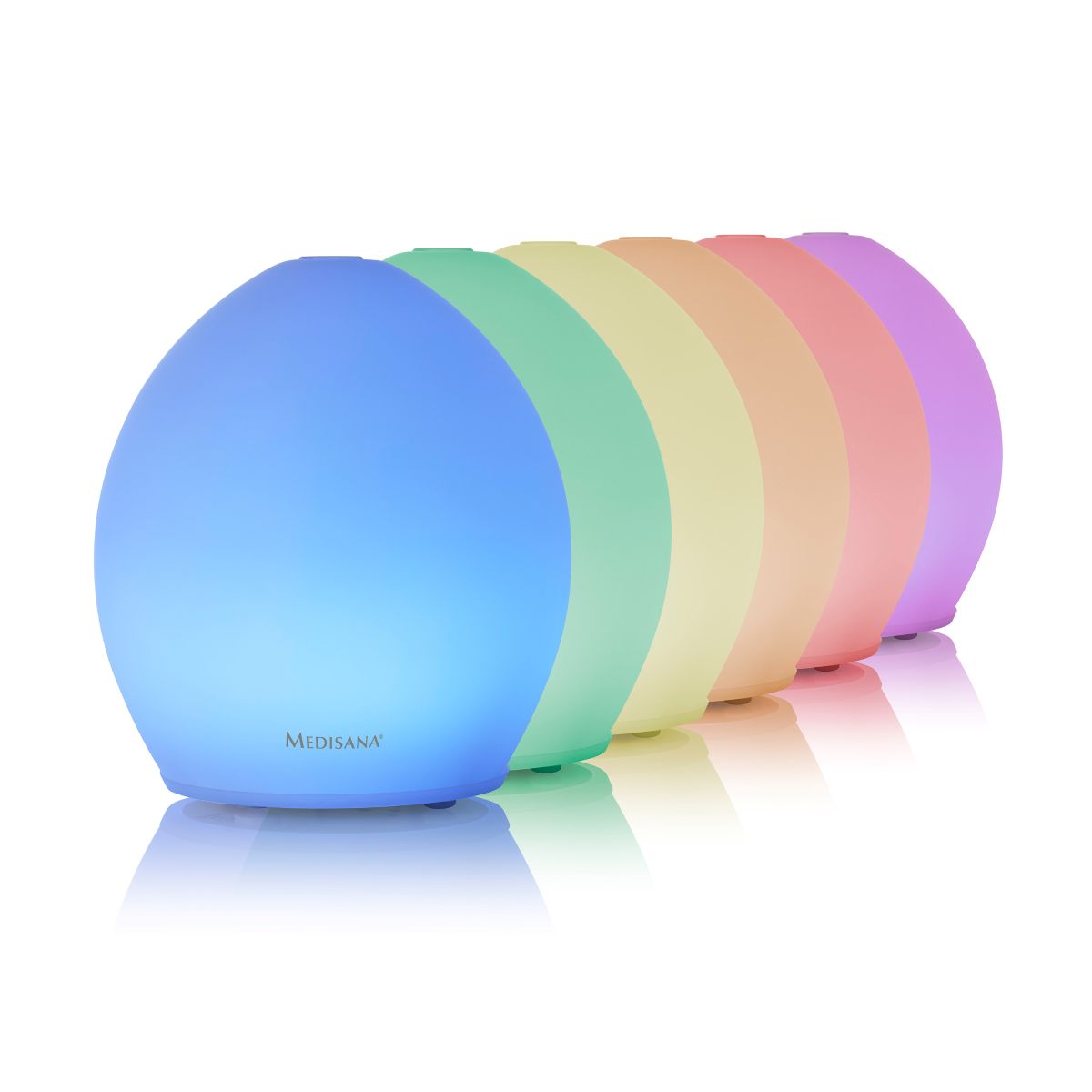 Several aroma diffusers are shown side by side displaying different colors of the integrated light.